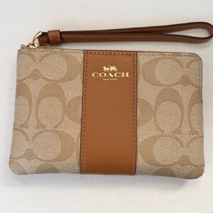 Coach Beige and Brown Leather Signature Wristlet